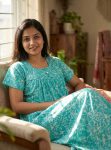 Traditional cotton nighty, Thali detailing on neck, 55 Inches Length - Turquoise green colour
