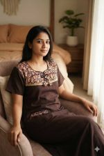 Comfortable Churidar Model Cotton Nighty, Ajrakh yoke - 55 Inches Long - Coffee Brown Colour