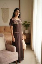 Comfortable Churidar Model Cotton Nighty, Ajrakh yoke - 55 Inches Long - Coffee Brown Colour - Image 2