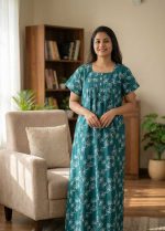 Comfortable Front Open Cotton Nighty With Buttons- 57 inches long -Green - Image 2