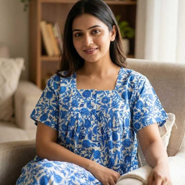 Front Open Cotton Nighty With Buttons, 55 Inches Long, Square Neck - Blue