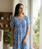 Front Open Cotton Nighty With Buttons, 55 Inches Long, Square Neck - Blue - Image 2