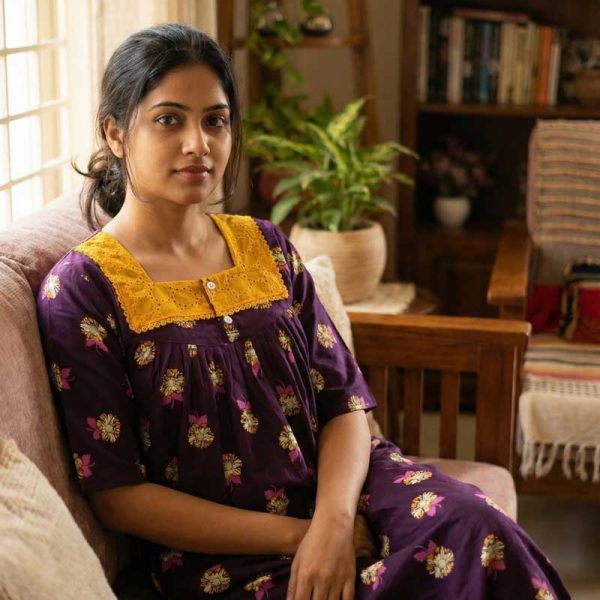 Comfortable Front Open Cotton Nighty With Buttons, Hakoba Yoke, 3/4th Sleeves - 55 inches long - Purple