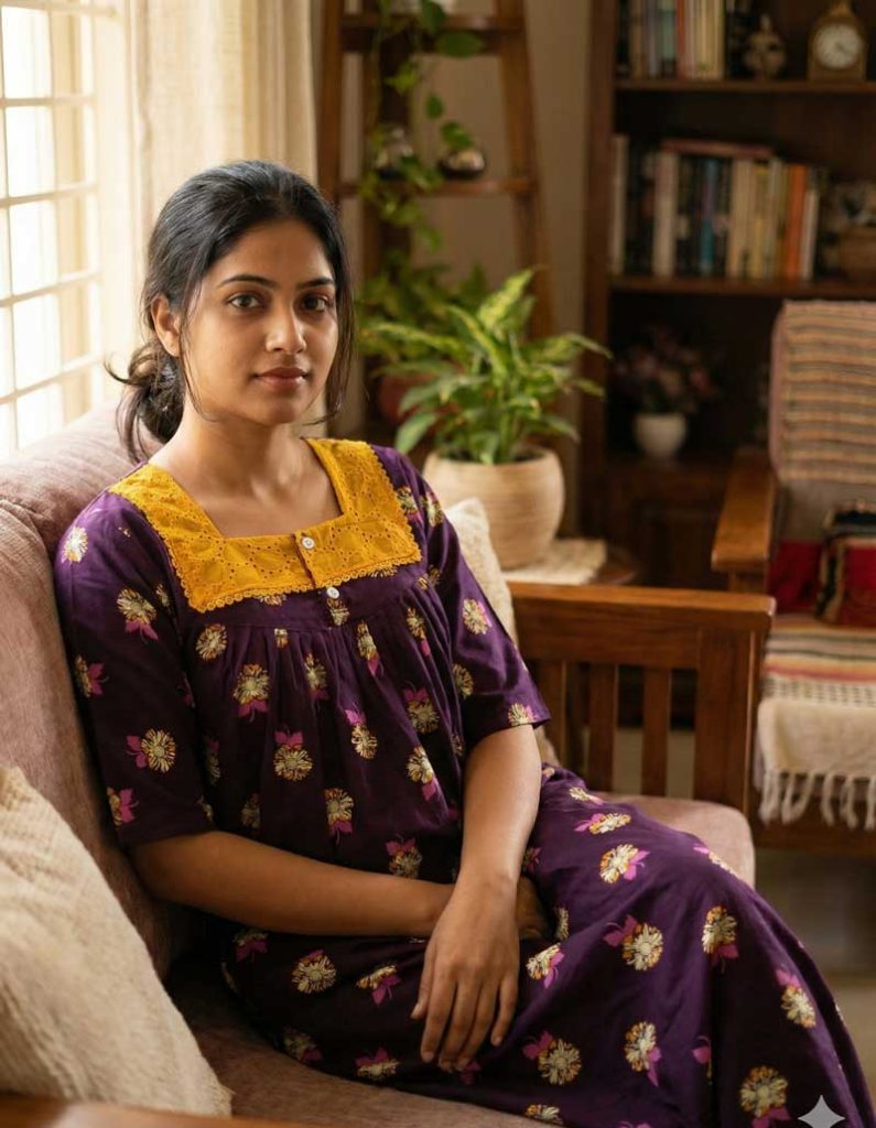 - Front Open Nighty With Pleats Stitching