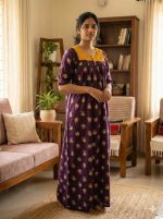 Comfortable Front Open Cotton Nighty With Buttons, Hakoba Yoke, 3/4th Sleeves - 55 inches long - Purple - Image 2