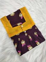 Comfortable Front Open Cotton Nighty With Buttons, Hakoba Yoke, 3/4th Sleeves - 55 inches long - Purple - Image 3