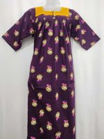 Comfortable Front Open Cotton Nighty With Buttons, Hakoba Yoke, 3/4th Sleeves - 55 inches long - Purple - Image 4