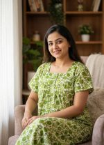 Front Open Cotton Nighty With Buttons, 55 Inches Long, Square Neck - Green