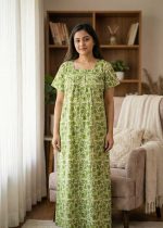 Front Open Cotton Nighty With Buttons, 55 Inches Long, Square Neck - Green - Image 2