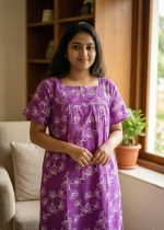 Comfortable Front Open Cotton Nighty With Buttons- 57 inches long -Violet - Image 2