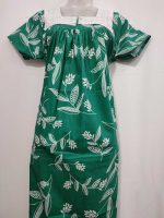 Front Open Cotton Nighty With Buttons, Hakoba yoke, 55 Inches Length - Green Colour - Image 4