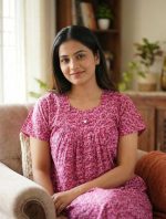 Traditional cotton nighty, Thali detailing on neck, 55 Inches Length - Pink colour