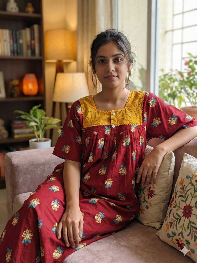 - Front Open Nighty With Pleats Stitching