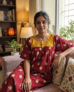 Comfortable Front Open Cotton Nighty With Buttons, Hakoba Yoke, 3/4th Sleeves - 55 inches long - Red