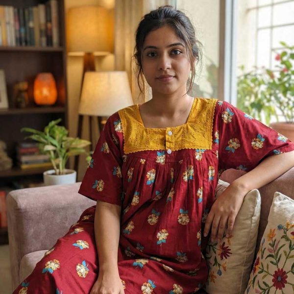 Comfortable Front Open Cotton Nighty With Buttons, Hakoba Yoke, 3/4th Sleeves - 55 inches long - Red