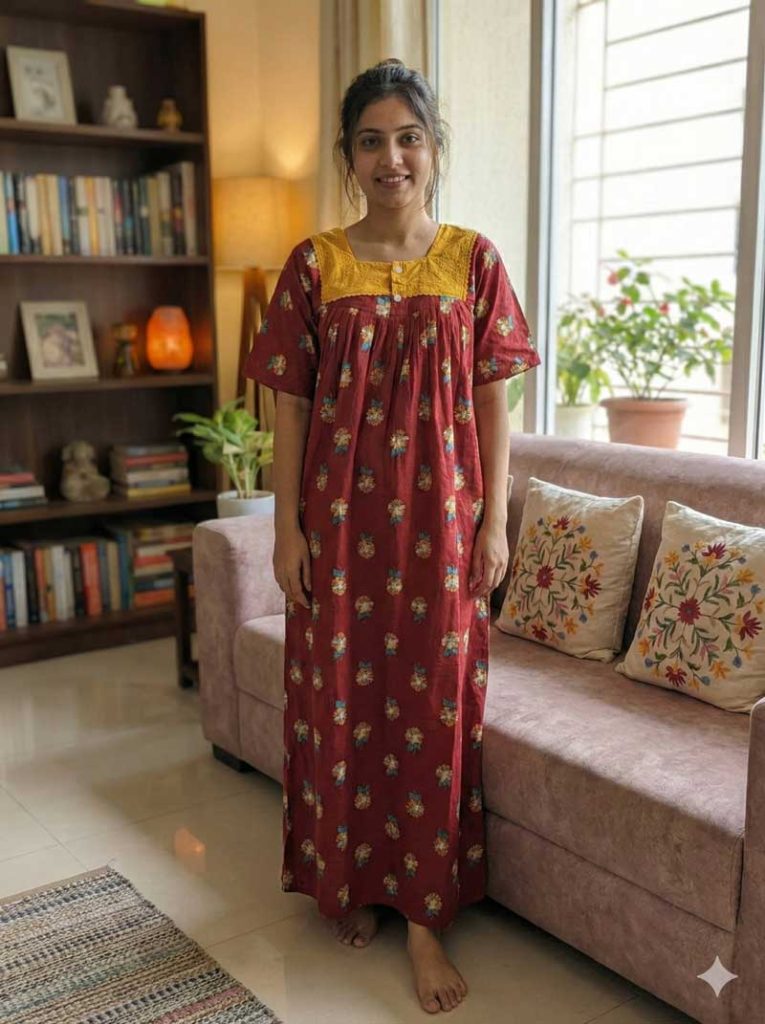 - Front Open Nighty With Pleats Stitching - Front Open Nighty With Pleats Stitching