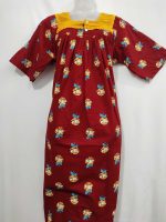 Comfortable Front Open Cotton Nighty With Buttons, Hakoba Yoke, 3/4th Sleeves - 55 inches long - Red - Image 4