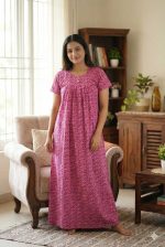 Traditional cotton nighty, Thali detailing on neck, 55 Inches Length - Pink colour - Image 2