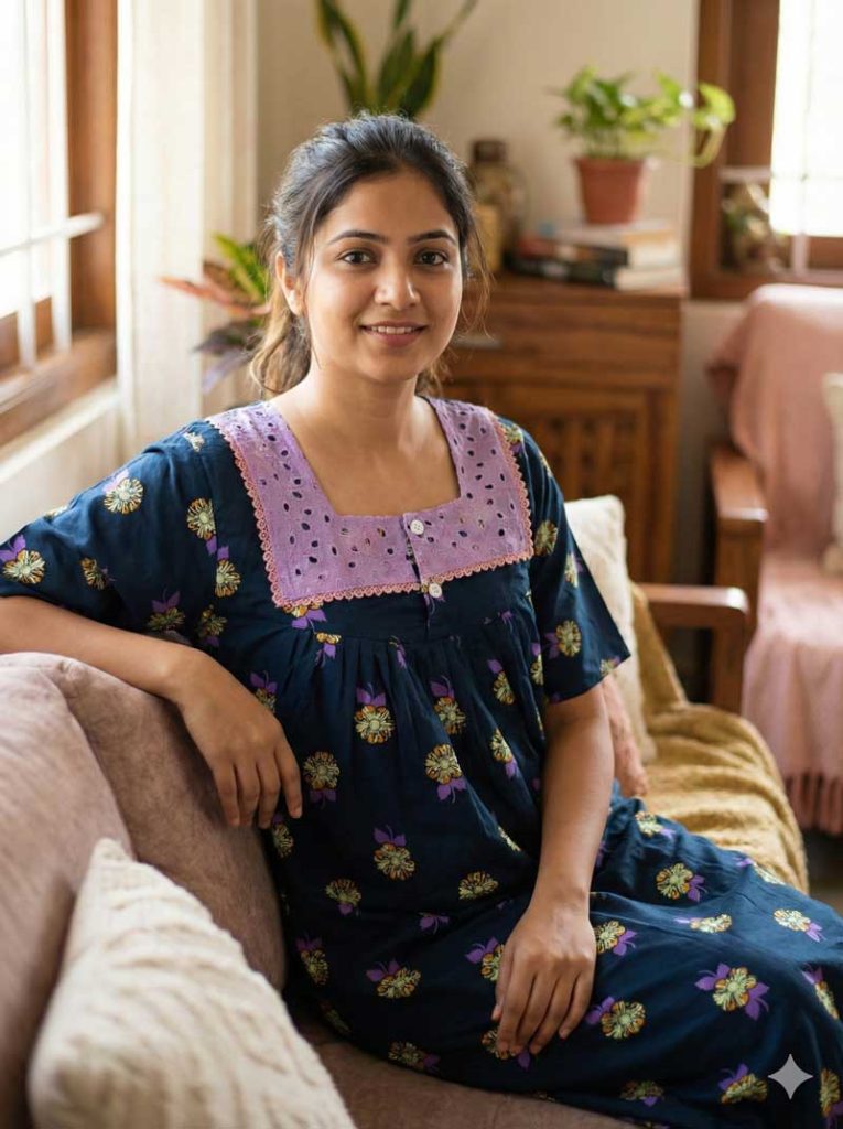 - Front Open Nighty With Pleats Stitching