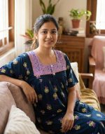 Comfortable Front Open Cotton Nighty With Buttons, Hakoba Yoke, 3/4th Sleeves - 55 inches long - Blue