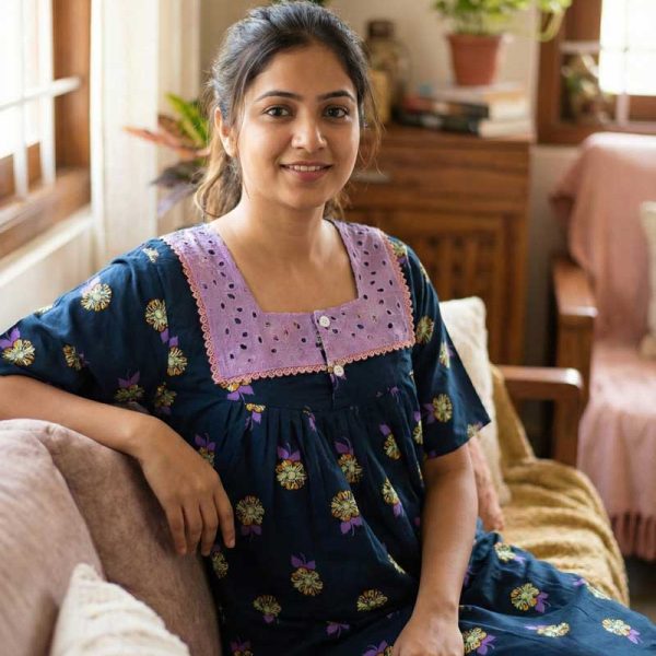 Comfortable Front Open Cotton Nighty With Buttons, Hakoba Yoke, 3/4th Sleeves - 55 inches long - Blue