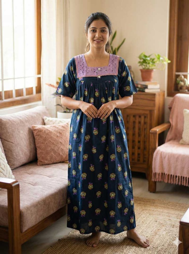 - Front Open Nighty With Pleats Stitching - Front Open Nighty With Pleats Stitching