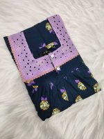 Comfortable Front Open Cotton Nighty With Buttons, Hakoba Yoke, 3/4th Sleeves - 55 inches long - Blue - Image 3