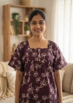 Comfortable Front Open Cotton Nighty With Buttons- 57 inches long -Brown - Image 5