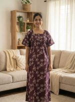 Comfortable Front Open Cotton Nighty With Buttons- 57 inches long -Brown - Image 2