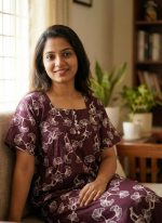 Comfortable Front Open Cotton Nighty With Buttons- 57 inches long -Brown