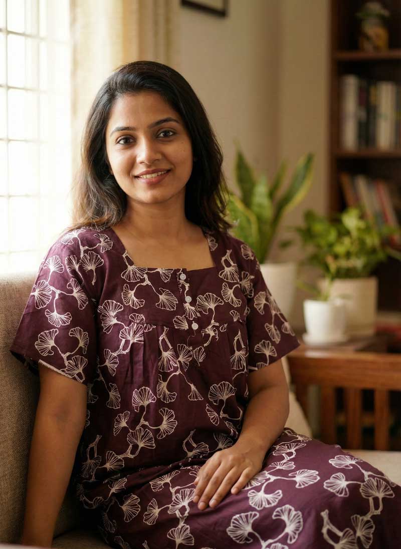 86 Comfortable Front Open Cotton Nighty With Buttons- 57 inches long -Brown - Image 1