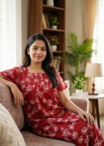 Comfortable Front Open Cotton Nighty With Buttons- 57 inches long -Maroon