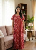 Comfortable Front Open Cotton Nighty With Buttons- 57 inches long -Maroon - Image 2