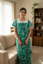 Front Open Cotton Nighty With Buttons, Hakoba yoke, 55 Inches Length - Green Colour - Image 2