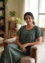 Traditional cotton nighty, Thali detailing on neck, 55 Inches Length - Green colour