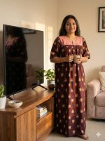 Comfortable Front Open Cotton Nighty With Buttons, Hakoba Yoke, 3/4th Sleeves - 55 inches long - Maroon - Image 2