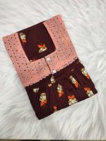Comfortable Front Open Cotton Nighty With Buttons, Hakoba Yoke, 3/4th Sleeves - 55 inches long - Maroon - Image 3