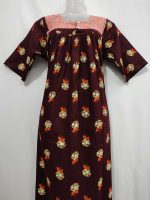 Comfortable Front Open Cotton Nighty With Buttons, Hakoba Yoke, 3/4th Sleeves - 55 inches long - Maroon - Image 4