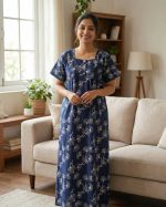 Comfortable Front Open Cotton Nighty With Buttons- 57 inches long - Blue - Image 2