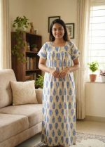 Front Open Cotton Nighty With Buttons, 55 Inches Long, Square Neck - Blue + White - Image 2