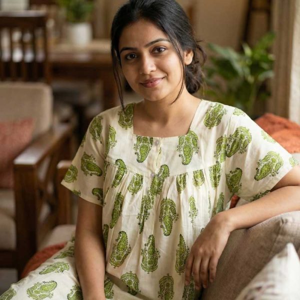 Front Open Cotton Nighty With Buttons, 55 Inches Long, Square Neck - Green + White