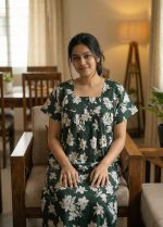 Front Open Cotton Nighty With Buttons, 55 Inches Long, Square Neck - Green