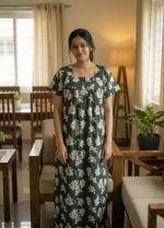 Front Open Cotton Nighty With Buttons, 55 Inches Long, Square Neck - Green - Image 2