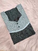 Front Open Cotton Nighty With Buttons, 55 Inches Long, Square Neck - Dark Green - Image 3