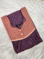 Front Open Cotton Nighty With Buttons, 55 Inches Long, Square Neck - Violet - Image 3