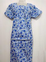 Front Open Cotton Nighty With Buttons, 55 Inches Long, Square Neck - Blue - Image 4