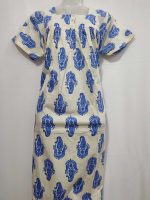 Front Open Cotton Nighty With Buttons, 55 Inches Long, Square Neck - Blue + White - Image 4