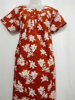 Front Open Cotton Nighty With Buttons, 55 Inches Long, Square Neck - Orange Brown - Image 4