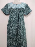 Front Open Cotton Nighty With Buttons, 55 Inches Long, Square Neck - Dark Green - Image 4