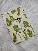 Front Open Cotton Nighty With Buttons, 55 Inches Long, Square Neck - Green + White - Image 3